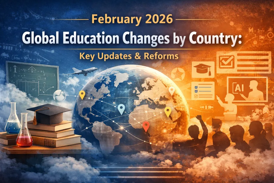 February 2026 global education changes infographic showing a world map, digital learning icons, and key updates in education policies and reforms worldwide