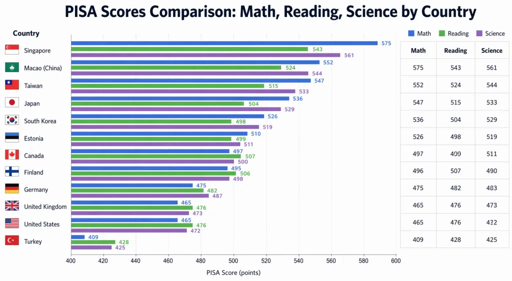 PISA Scores Comparison Math, Reading, Science by Country
