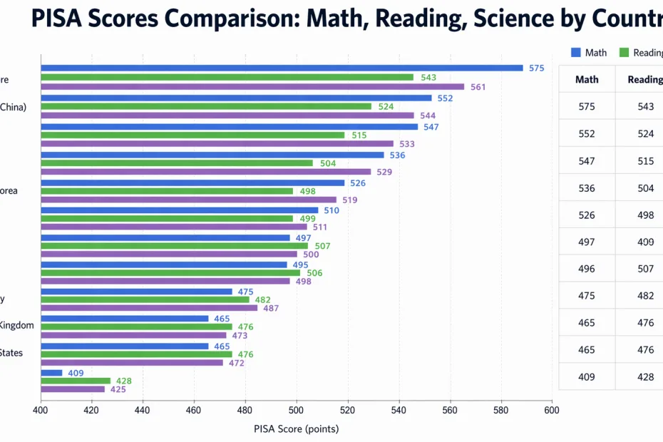 PISA Scores Comparison Math, Reading, Science by Country